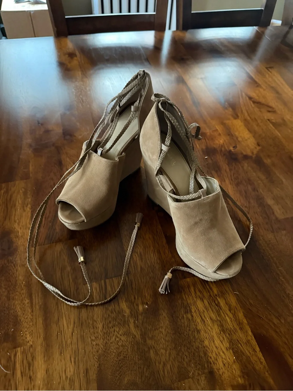 MICHAEL Michael Kors Tan Suede Peep-Toe Platform Sandals with Braided Ankle Ties